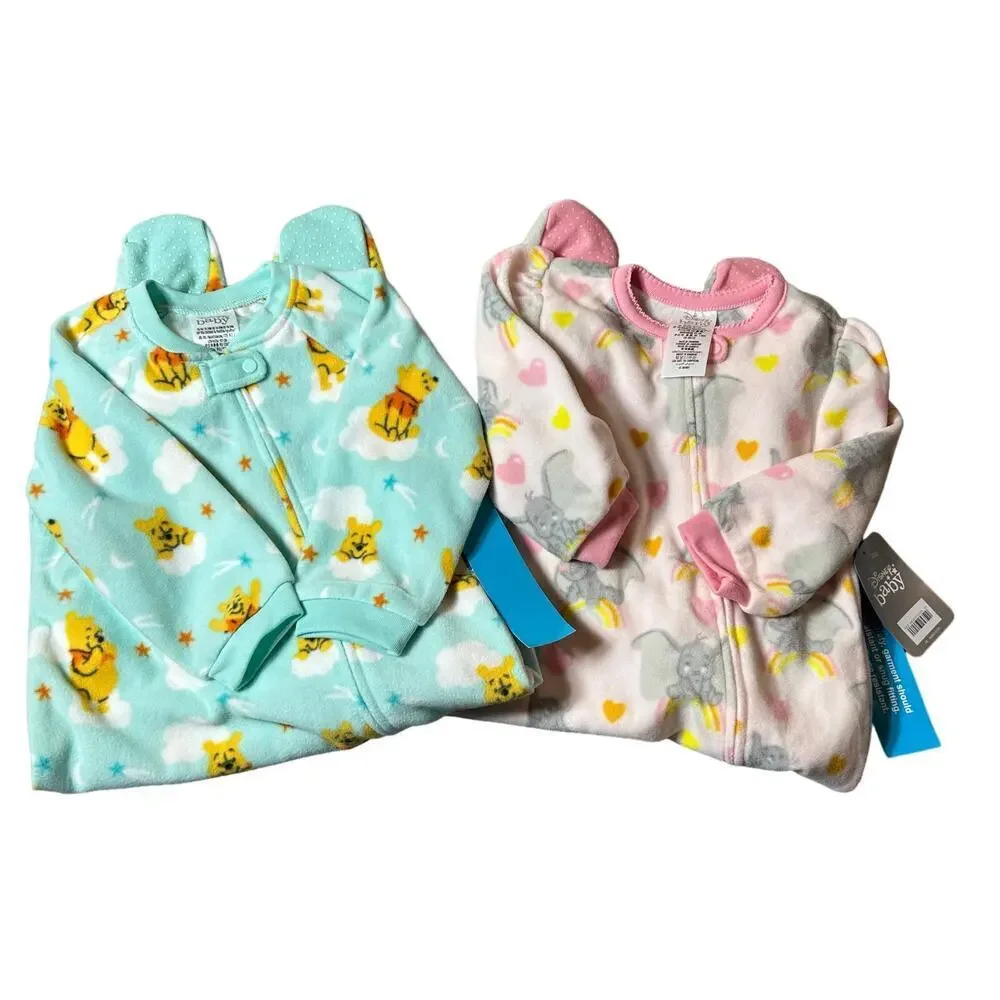 Disney Sleepwear Toddler 18-24M 2 Pack Green Pink Pooh Dumbo Long‎ Sleeve NEW